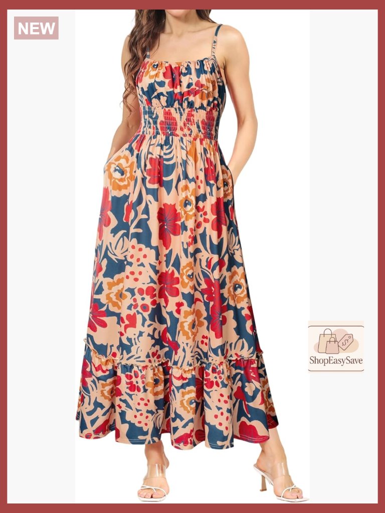 Boho Maxi Dress With Smocked Waist Floral Print Square Neck Backless Summer